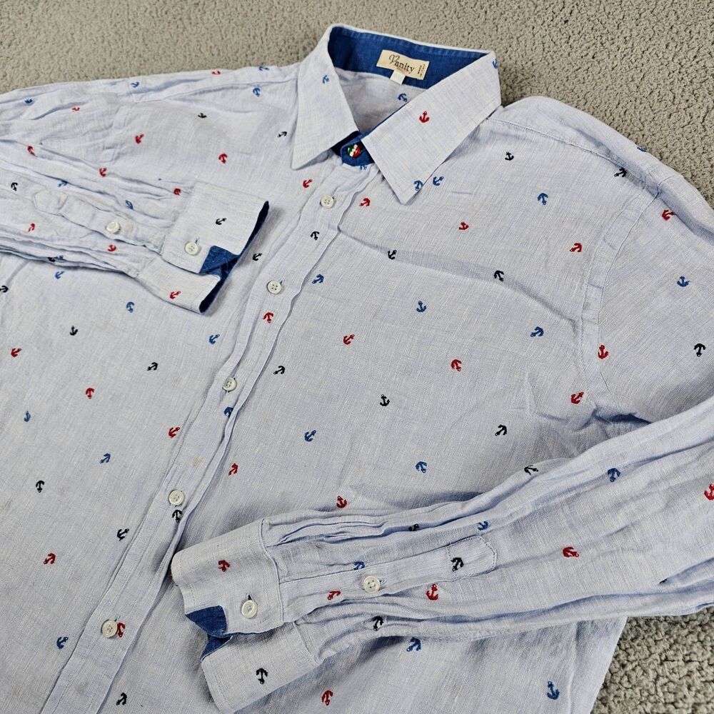 Vanity Shirt Mens Large Blue Italian Linen Embroidered AOP Beach Yacht Dad